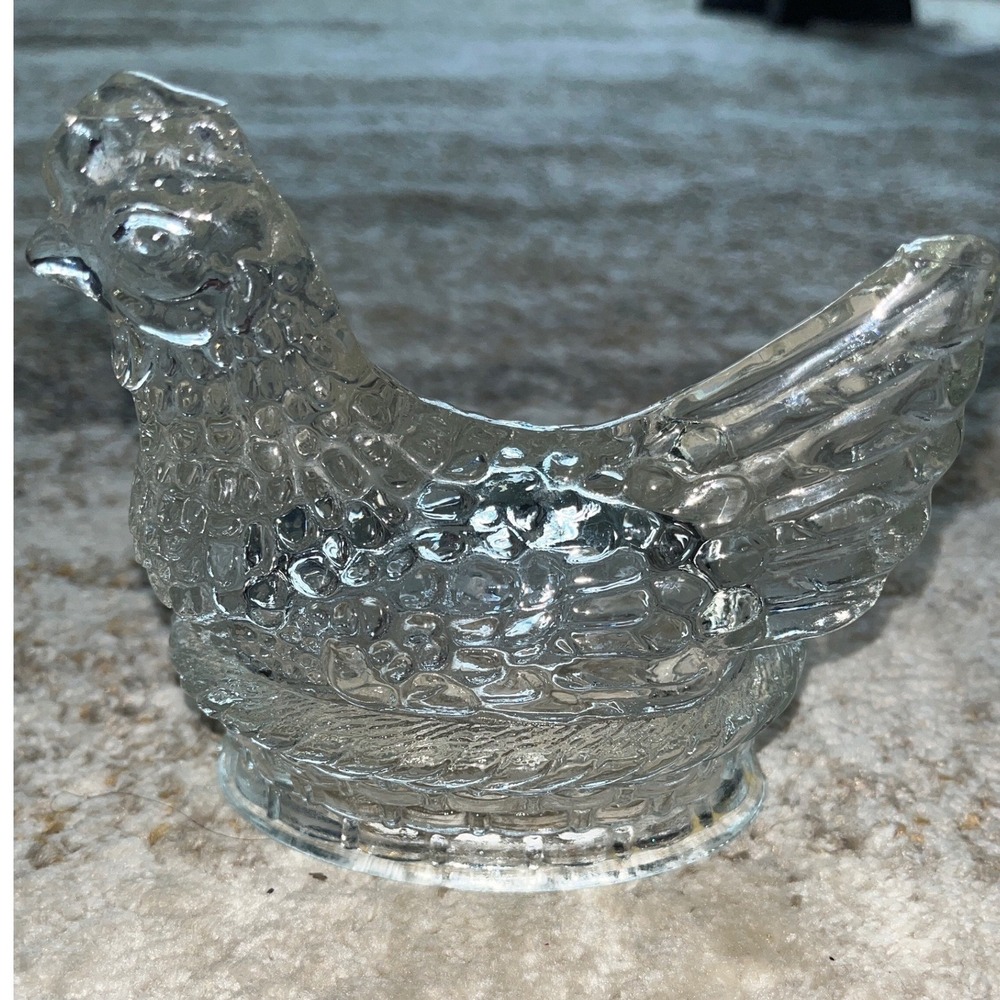 Vintage Clear Pressed Glass Hen on Nest Lid Replacement Chicken Figurine